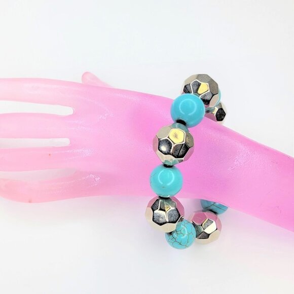 Silver and Blue Large Balls Beads Stretch Bracelet - Picture 1 of 6